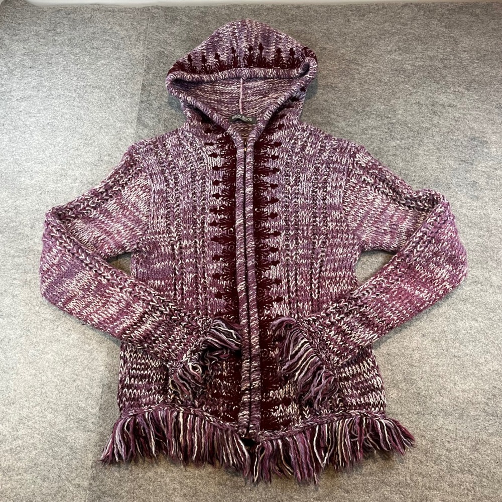 Bisou Bisou Women Full Zip Hooded Cardigan Purple Boho Fringe Sweater M Chunky